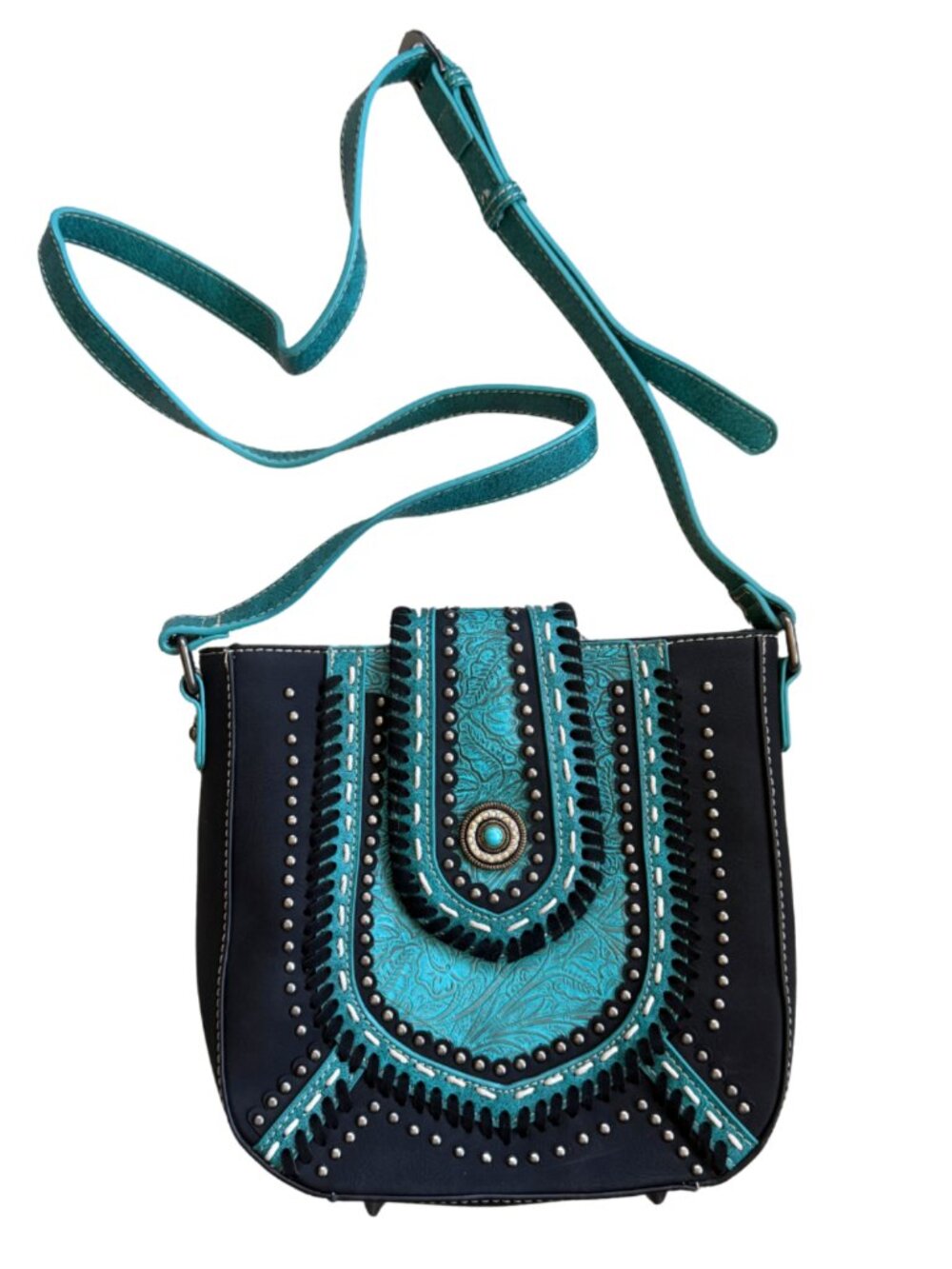 Montana West Select Black Turquoise Tooled Studded Concho Crossbody Bag NWT